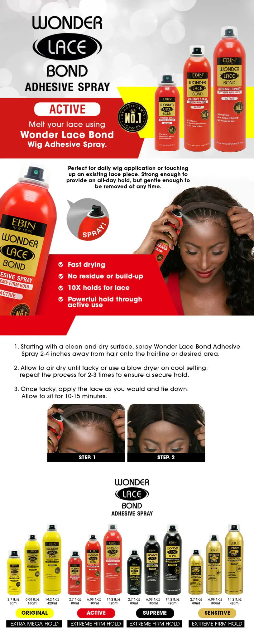 Ebin New York Wonder Lace Bond Wig Adhesive Spray - Extreme Firm Hold Hair 1